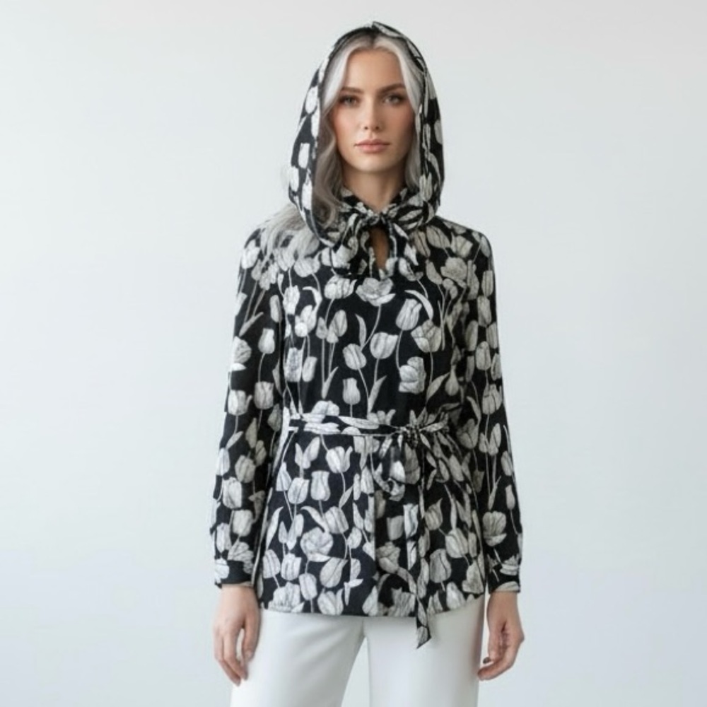 Alex Colman Sports Wear Vintage Floral Print Hood Long Sleeve Black White Tunic